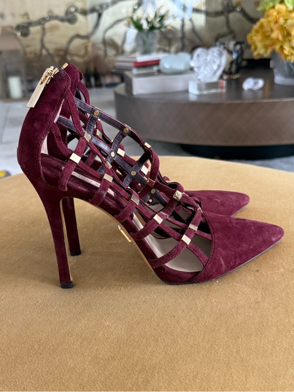 Michael Kors Burgundy Suede Cage Pointed-Toe Heels with Gold Accents - Picture 6 of 7